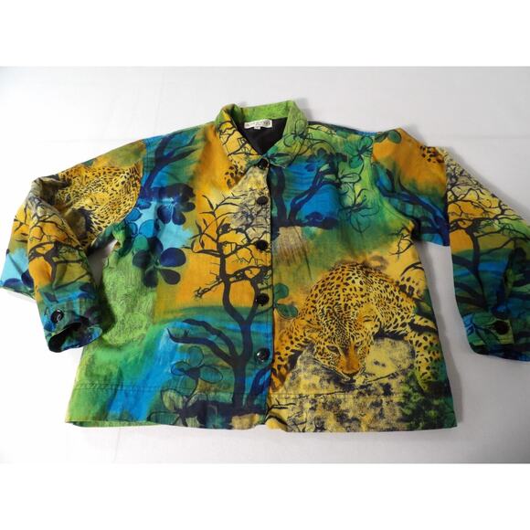 Kaktus USA Linen Top Blouse Button up Cheetah Animal Africa Trees Art to Wear Co - Picture 9 of 15